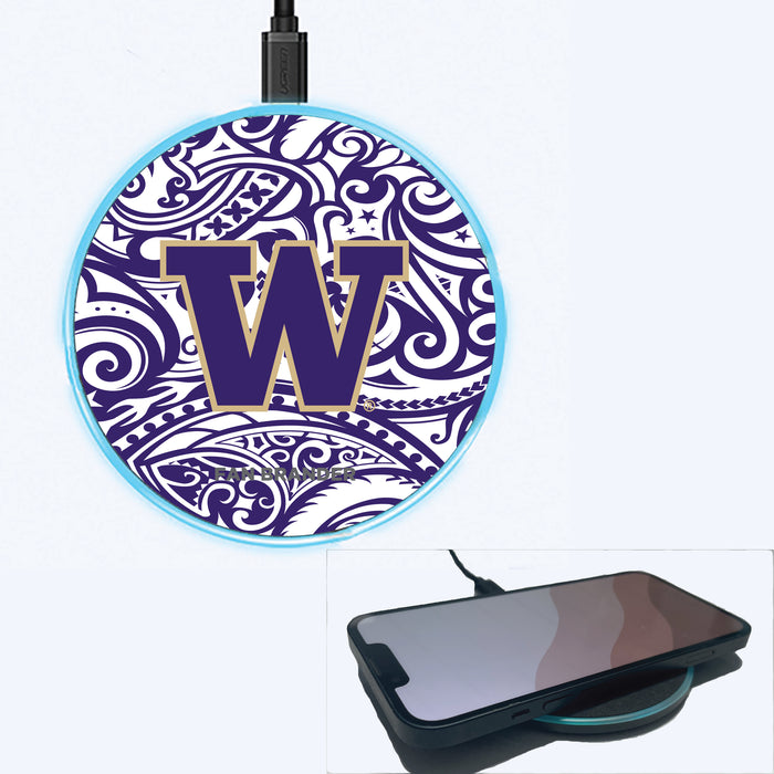 Fan Brander Grey 15W Wireless Charger with Washington Huskies Primary Logo With Team Color Tribal Background