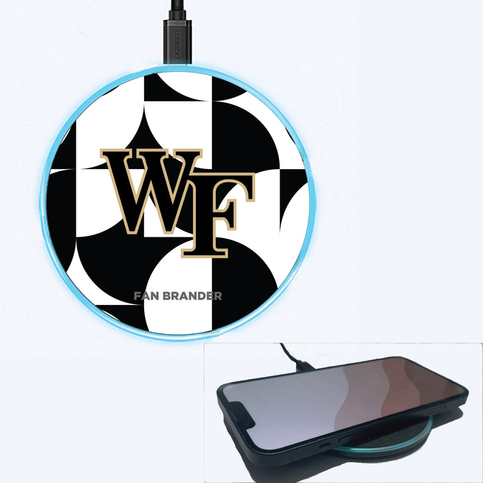 Fan Brander Grey 15W Wireless Charger with Wake Forest Demon Deacons Primary Logo on Geometric Circle Background