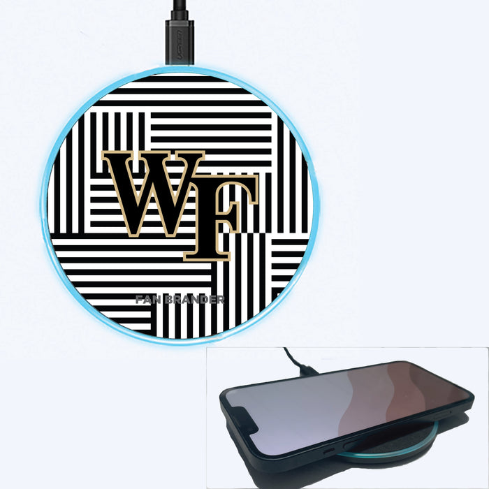 Fan Brander Grey 15W Wireless Charger with Wake Forest Demon Deacons Primary Logo on Geometric Lines Background