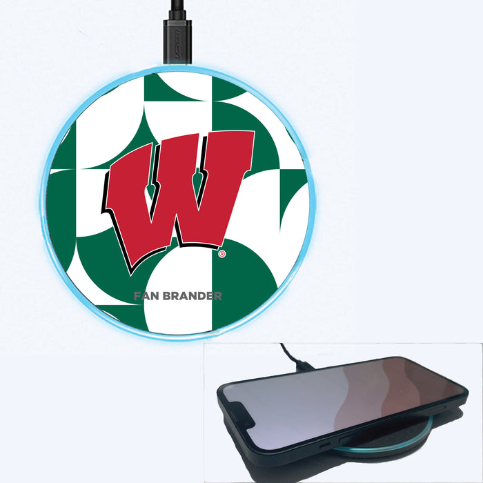 Fan Brander Grey 15W Wireless Charger with Wisconsin Badgers Primary Logo on Geometric Circle Background