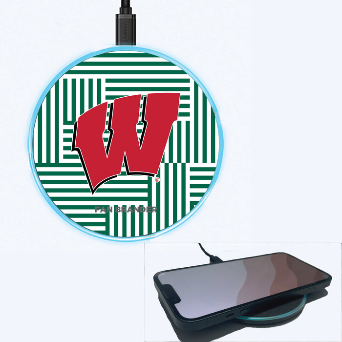 Fan Brander Grey 15W Wireless Charger with Wisconsin Badgers Primary Logo on Geometric Lines Background