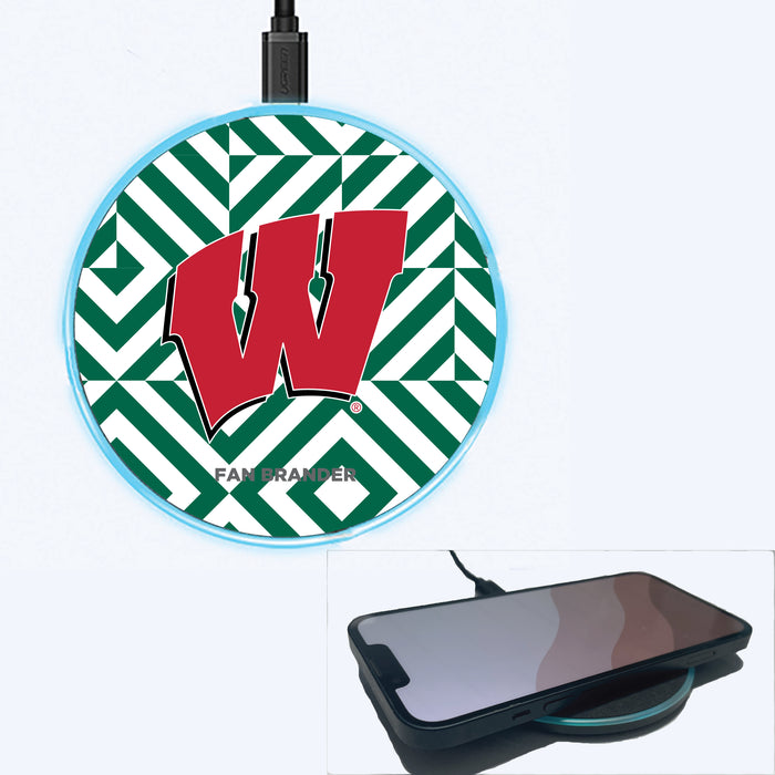 Fan Brander Grey 15W Wireless Charger with Wisconsin Badgers Primary Logo on Geometric Diamonds Background
