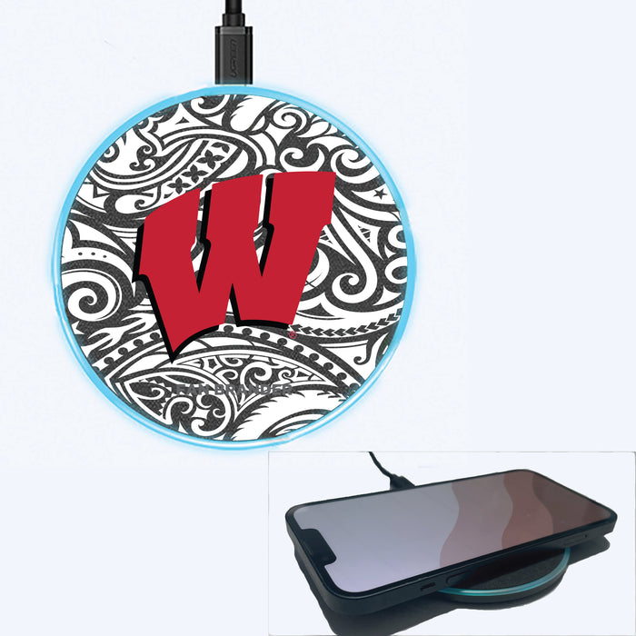 Fan Brander Grey 15W Wireless Charger with Wisconsin Badgers Primary Logo With Black Tribal