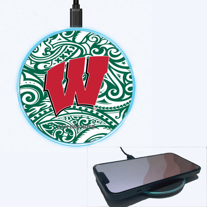 Fan Brander Grey 15W Wireless Charger with Wisconsin Badgers Primary Logo With Team Color Tribal Background