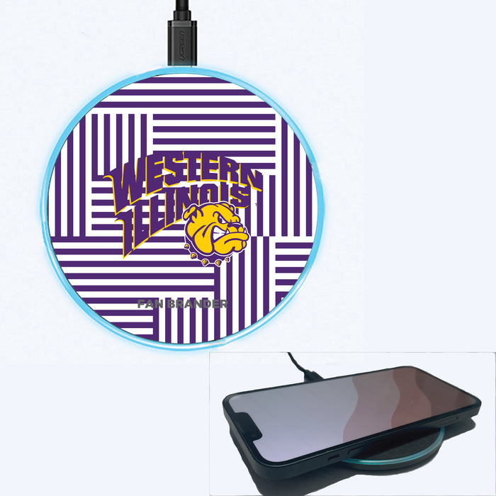 Fan Brander Grey 15W Wireless Charger with Western Illinois University Leathernecks Primary Logo on Geometric Lines Background