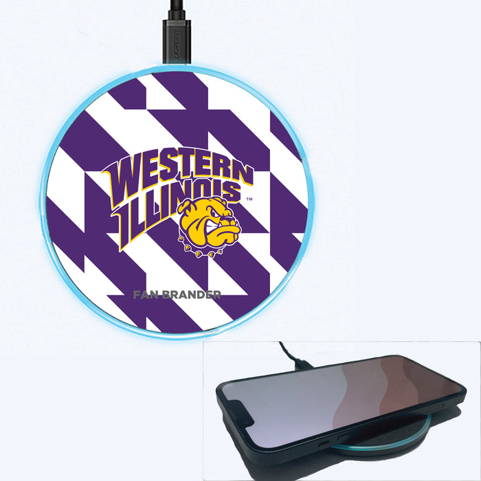 Fan Brander Grey 15W Wireless Charger with Western Illinois University Leathernecks Primary Logo on Geometric Quad Background