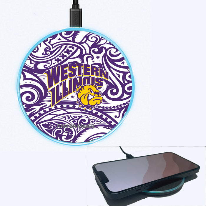 Fan Brander Grey 15W Wireless Charger with Western Illinois University Leathernecks Primary Logo With Team Color Tribal Background