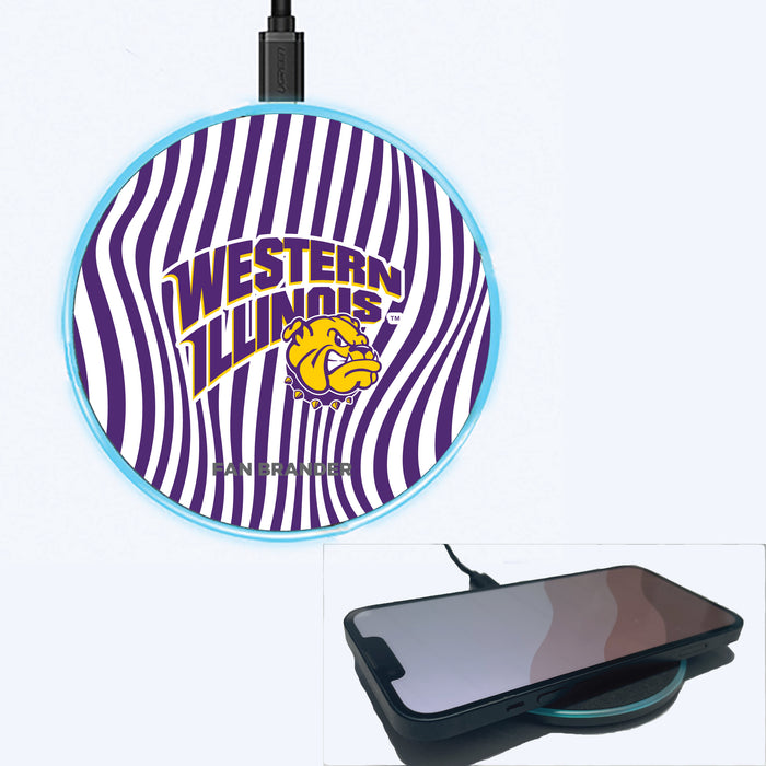 Fan Brander Grey 15W Wireless Charger with Western Illinois University Leathernecks Primary Logo With Team Groovey Lines