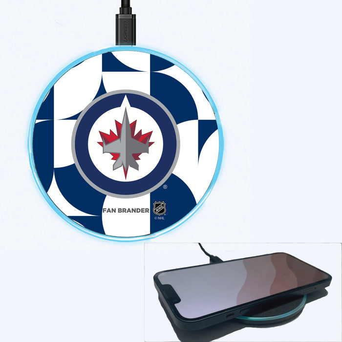 Fan Brander Grey 15W Wireless Charger with Winnipeg Jets Primary Logo on Geometric Circle Background