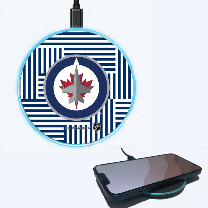 Fan Brander Grey 15W Wireless Charger with Winnipeg Jets Primary Logo on Geometric Lines Background