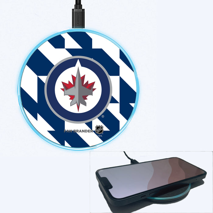 Fan Brander Grey 15W Wireless Charger with Winnipeg Jets Primary Logo on Geometric Quad Background