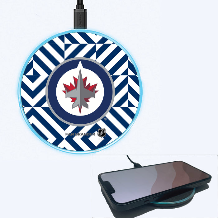 Fan Brander Grey 15W Wireless Charger with Winnipeg Jets Primary Logo on Geometric Diamonds Background