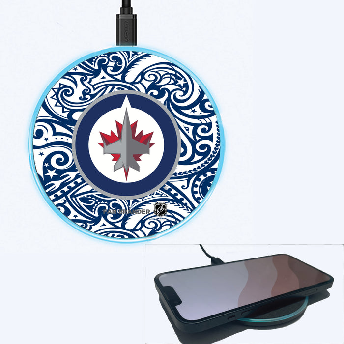Fan Brander Grey 15W Wireless Charger with Winnipeg Jets Primary Logo With Team Color Tribal Background