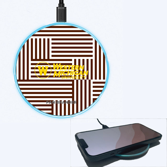 Fan Brander Grey 15W Wireless Charger with Western Michigan Broncos Primary Logo on Geometric Lines Background