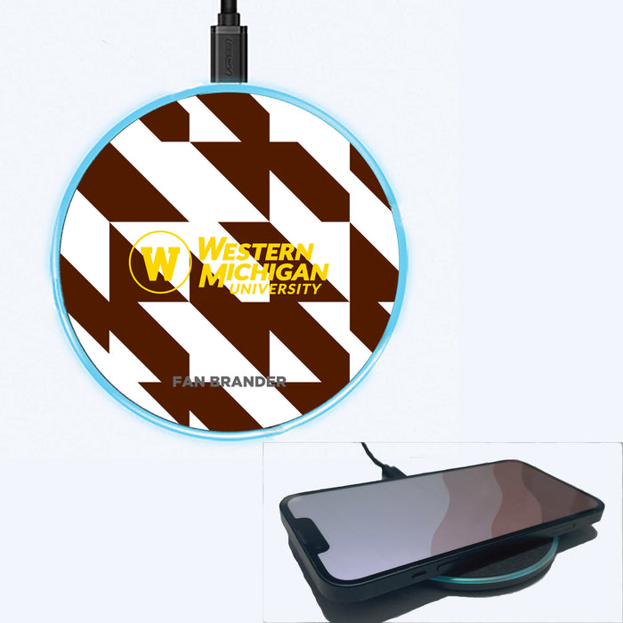 Fan Brander Grey 15W Wireless Charger with Western Michigan Broncos Primary Logo on Geometric Quad Background