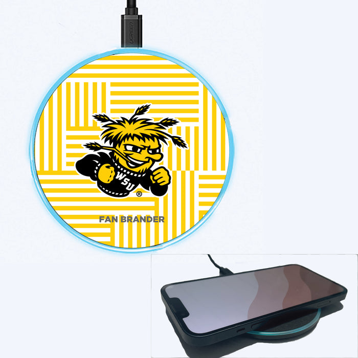 Fan Brander Grey 15W Wireless Charger with Wichita State Shockers Primary Logo on Geometric Lines Background