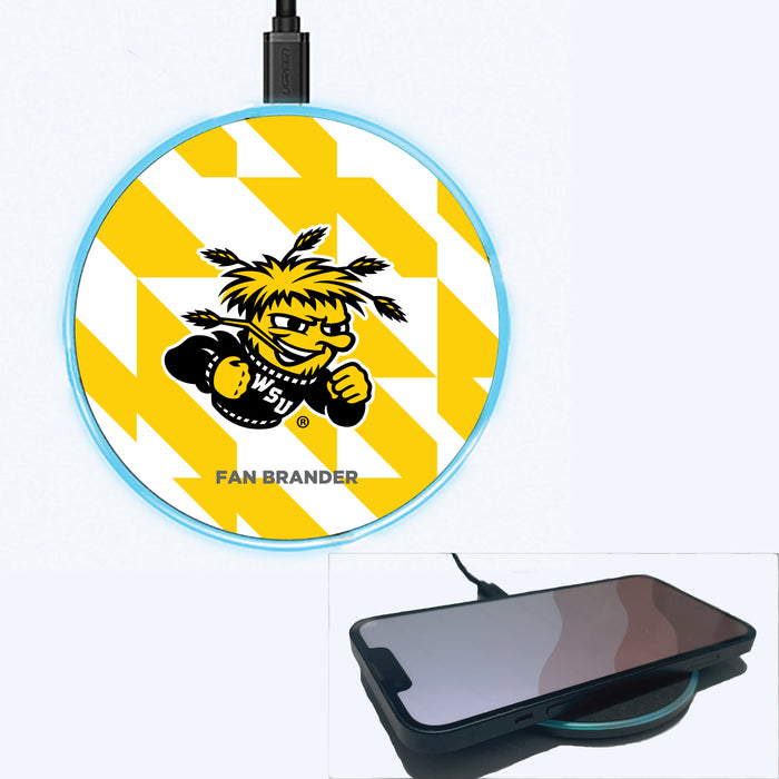 Fan Brander Grey 15W Wireless Charger with Wichita State Shockers Primary Logo on Geometric Quad Background