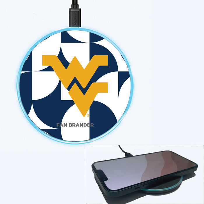 Fan Brander Grey 15W Wireless Charger with West Virginia Mountaineers Primary Logo on Geometric Circle Background