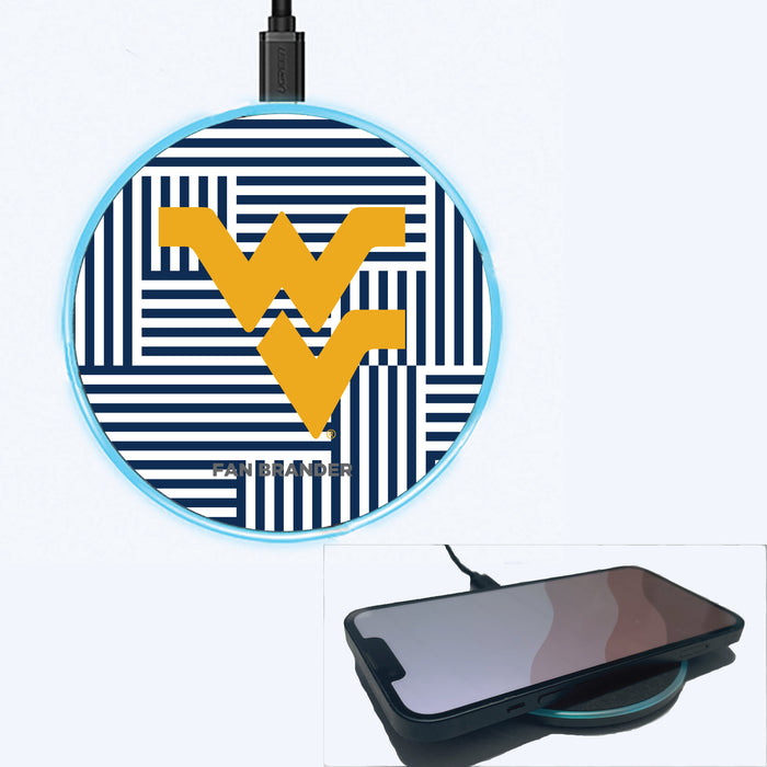 Fan Brander Grey 15W Wireless Charger with West Virginia Mountaineers Primary Logo on Geometric Lines Background