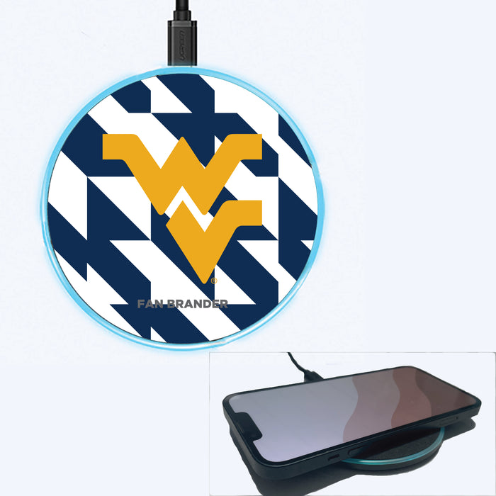 Fan Brander Grey 15W Wireless Charger with West Virginia Mountaineers Primary Logo on Geometric Quad Background