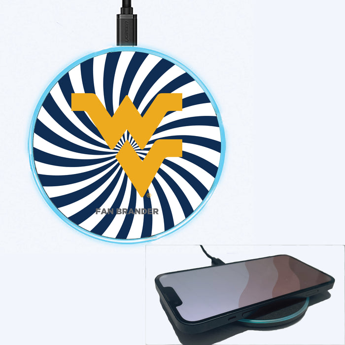 Fan Brander Grey 15W Wireless Charger with West Virginia Mountaineers Primary Logo With Team Groovey Burst