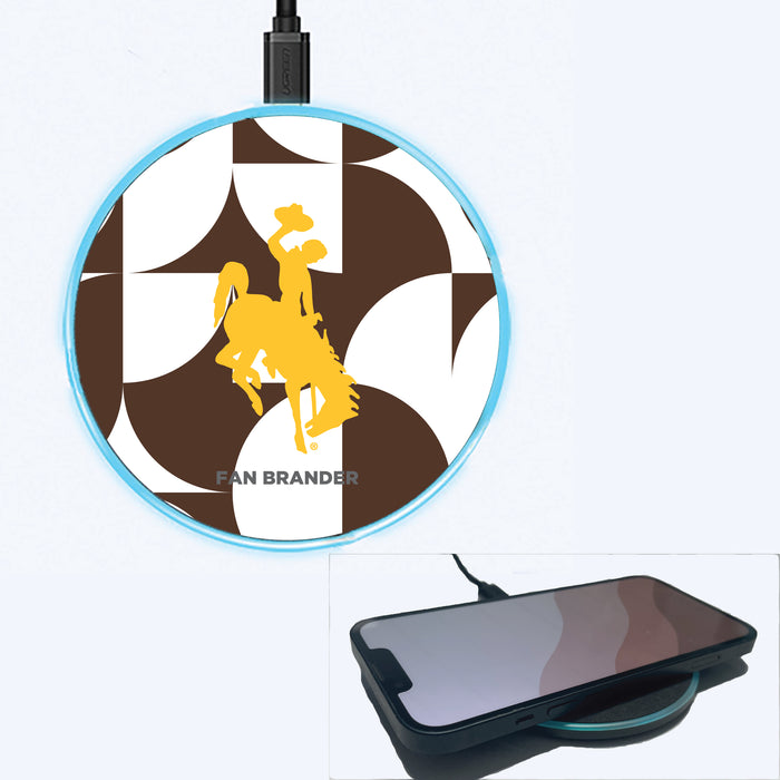 Fan Brander Grey 15W Wireless Charger with Wyoming Cowboys Primary Logo on Geometric Circle Background