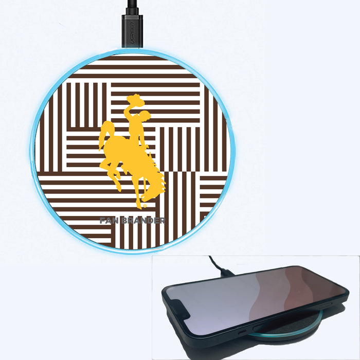 Fan Brander Grey 15W Wireless Charger with Wyoming Cowboys Primary Logo on Geometric Lines Background