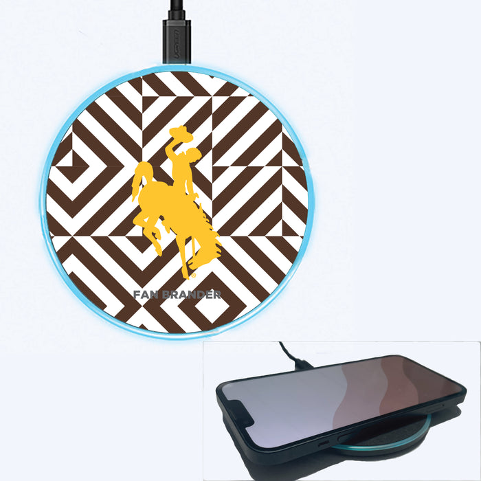 Fan Brander Grey 15W Wireless Charger with Wyoming Cowboys Primary Logo on Geometric Diamonds Background