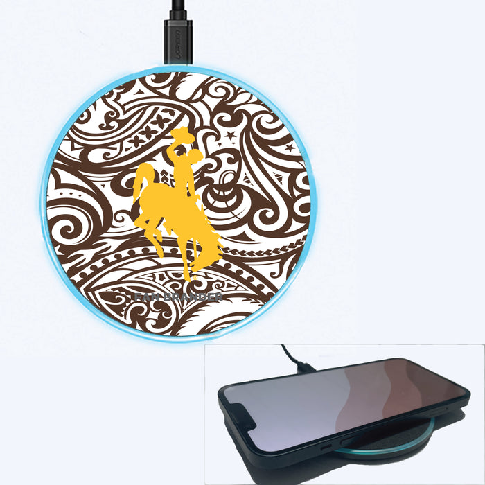 Fan Brander Grey 15W Wireless Charger with Wyoming Cowboys Primary Logo With Team Color Tribal Background