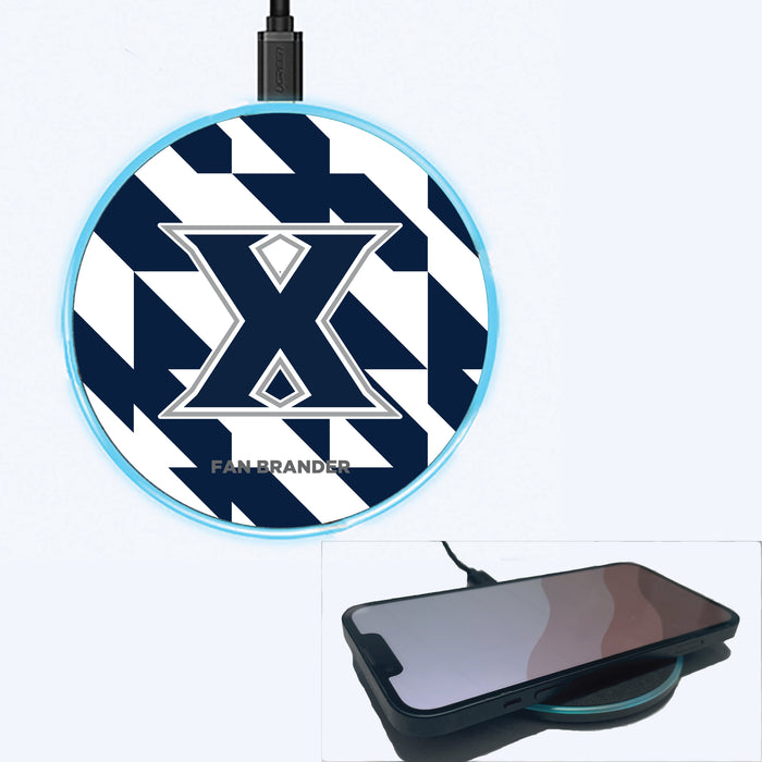 Fan Brander Grey 15W Wireless Charger with Xavier Musketeers Primary Logo on Geometric Quad Background