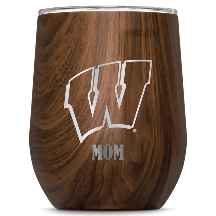 Corkcicle Stemless Wine Glass with Wisconsin Badgers Mom Primary Logo