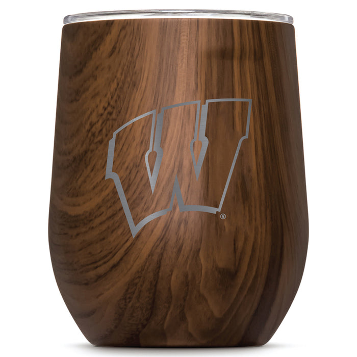 Corkcicle Stemless Wine Glass with Wisconsin Badgers Etched Primary Logo