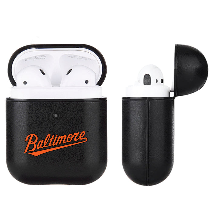 Fan Brander Black Leatherette Apple AirPod case with Baltimore Orioles Wordmark Logo