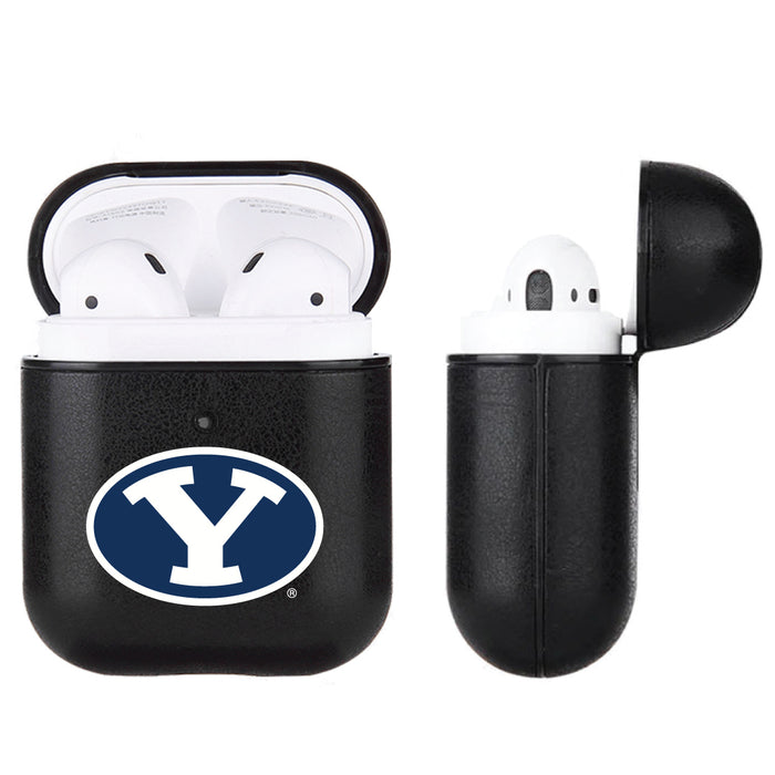 Fan Brander Black Leatherette Apple AirPod case with Brigham Young Cougars Primary Logo