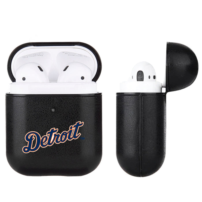 Fan Brander Black Leatherette Apple AirPod case with Detroit Tigers Wordmark Logo