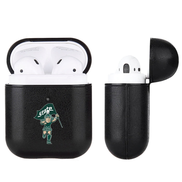 Fan Brander Black Leatherette Apple AirPod case with Michigan State Spartans Secondary Logo