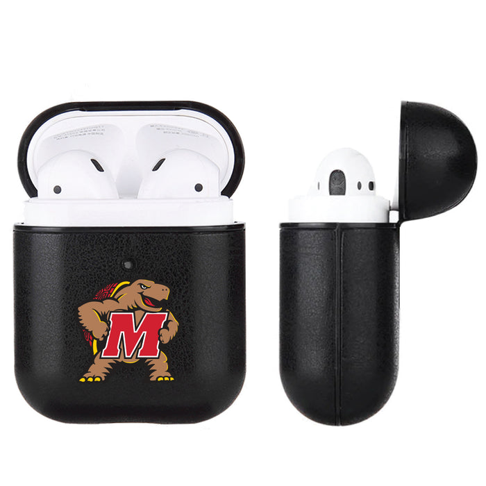 Fan Brander Black Leatherette Apple AirPod case with Maryland Terrapins Secondary Logo