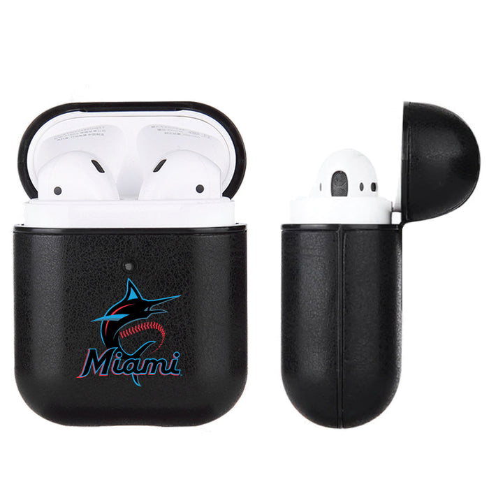 Fan Brander Black Leatherette Apple AirPod case with Miami Marlins Primary Logo