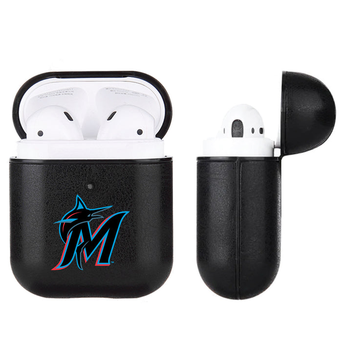 Fan Brander Black Leatherette Apple AirPod case with Miami Marlins Secondary Logo