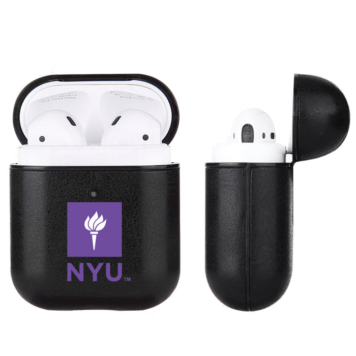Fan Brander Black Leatherette Apple AirPod case with NYU Primary Logo