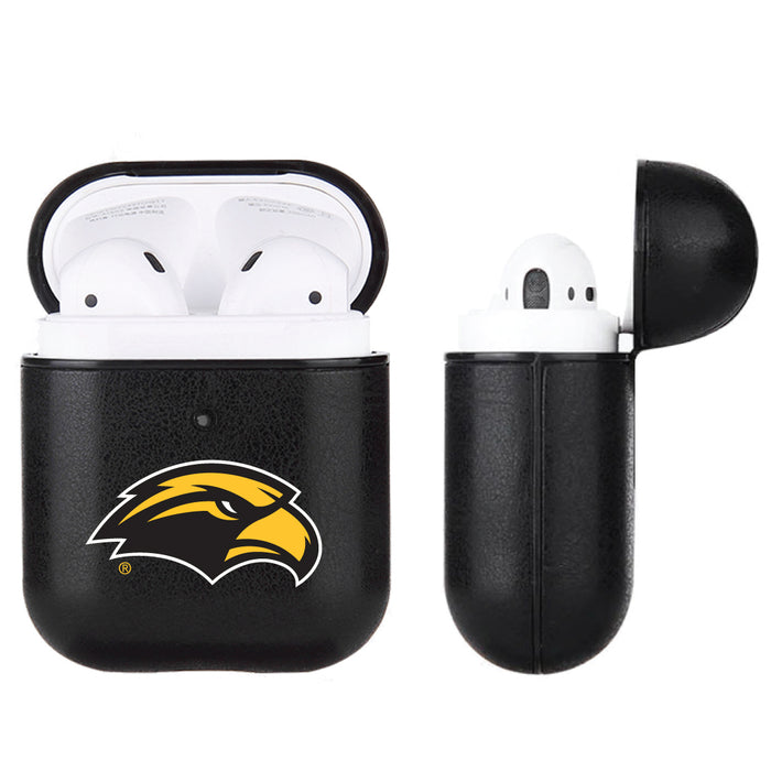 Fan Brander Black Leatherette Apple AirPod case with Southern Mississippi Golden Eagles Primary Logo