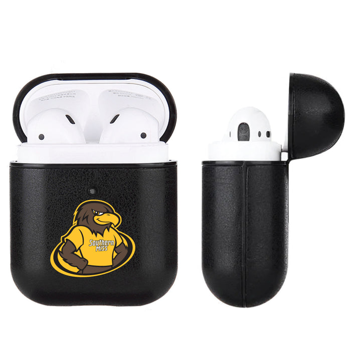 Fan Brander Black Leatherette Apple AirPod case with Southern Mississippi Golden Eagles Secondary Logo