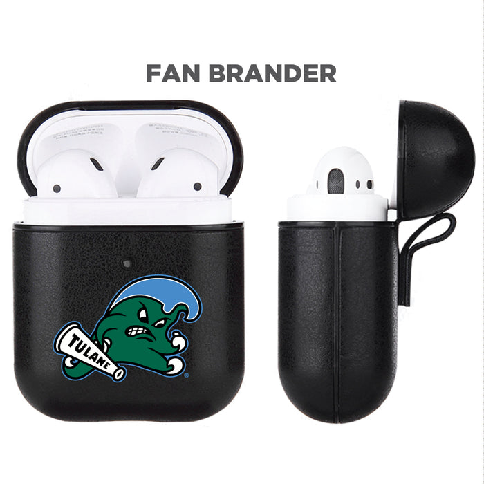 Fan Brander Black Leatherette Apple AirPod case with Tulane Green Wave Primary Logo
