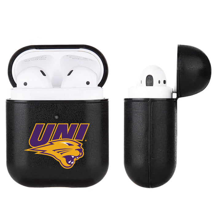Fan Brander Black Leatherette Apple AirPod case with Northern Iowa Panthers Primary Logo