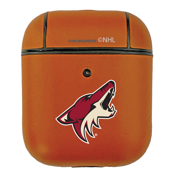 Fan Brander Tan Leatherette Apple AirPod case with Arizona Coyotes Primary Logo