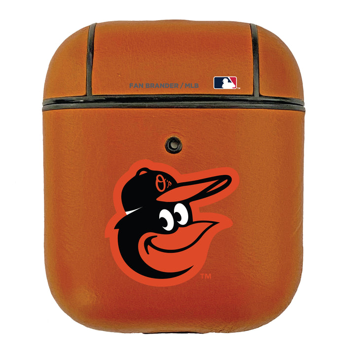 Fan Brander Tan Leatherette Apple AirPod case with Baltimore Orioles Primary Logo