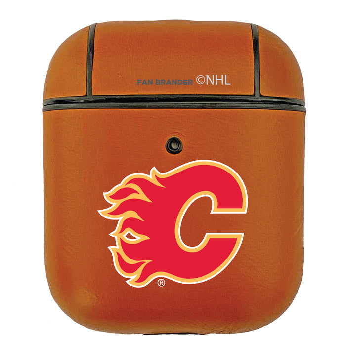 Fan Brander Tan Leatherette Apple AirPod case with Calgary Flames Primary Logo