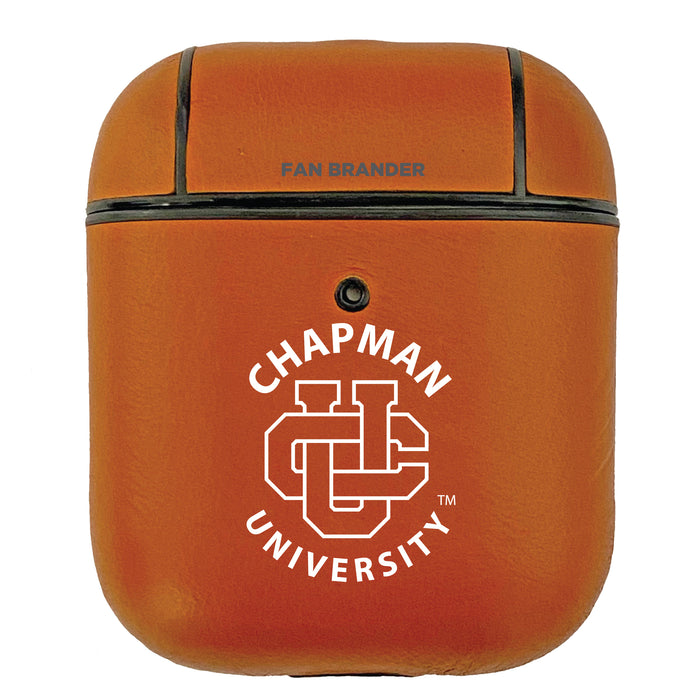 Fan Brander Tan Leatherette Apple AirPod case with Chapman Univ Panthers Primary Logo