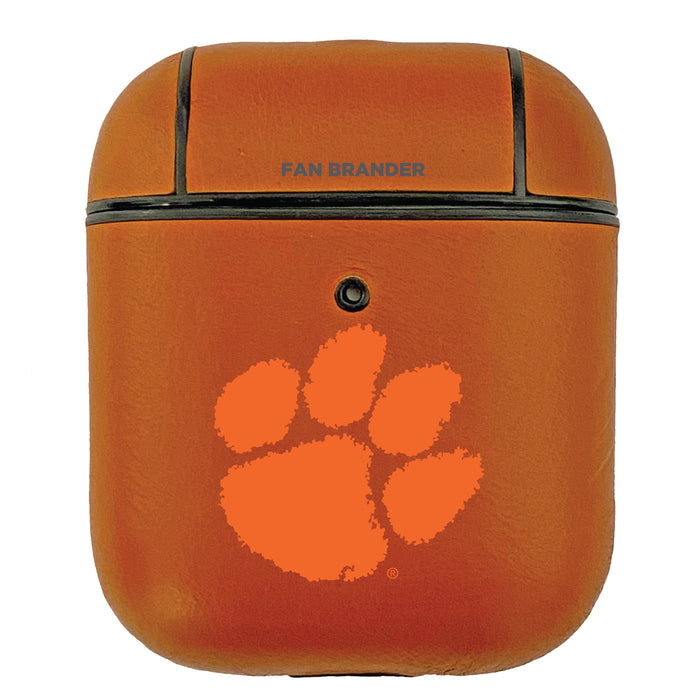 Fan Brander Tan Leatherette Apple AirPod case with Clemson Tigers Primary Logo
