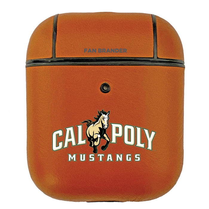 Fan Brander Tan Leatherette Apple AirPod case with Cal Poly Mustangs Primary Logo